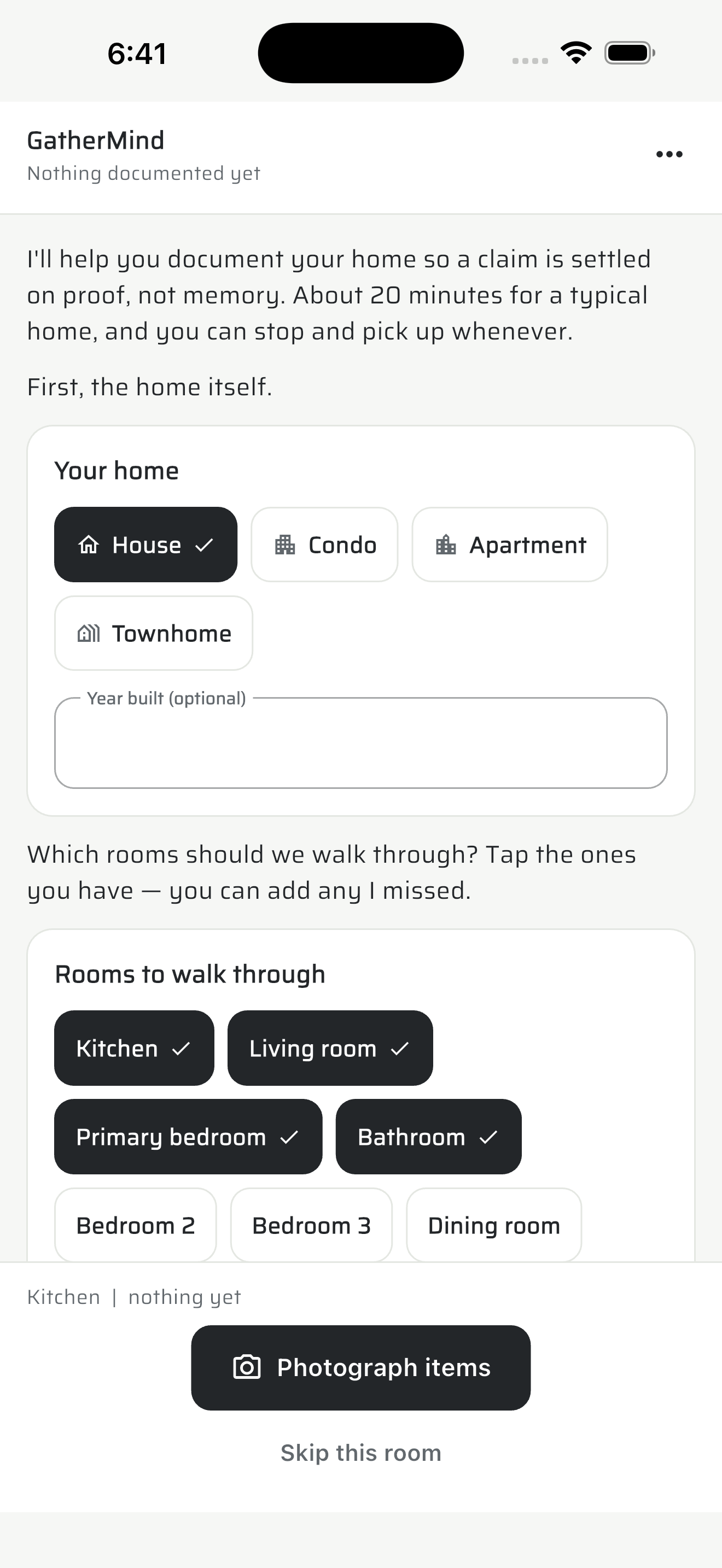 A guided walkthrough on an iPhone: the app explains it will document your home so a claim is settled on proof, then asks what kind of home it is and which rooms to walk through
