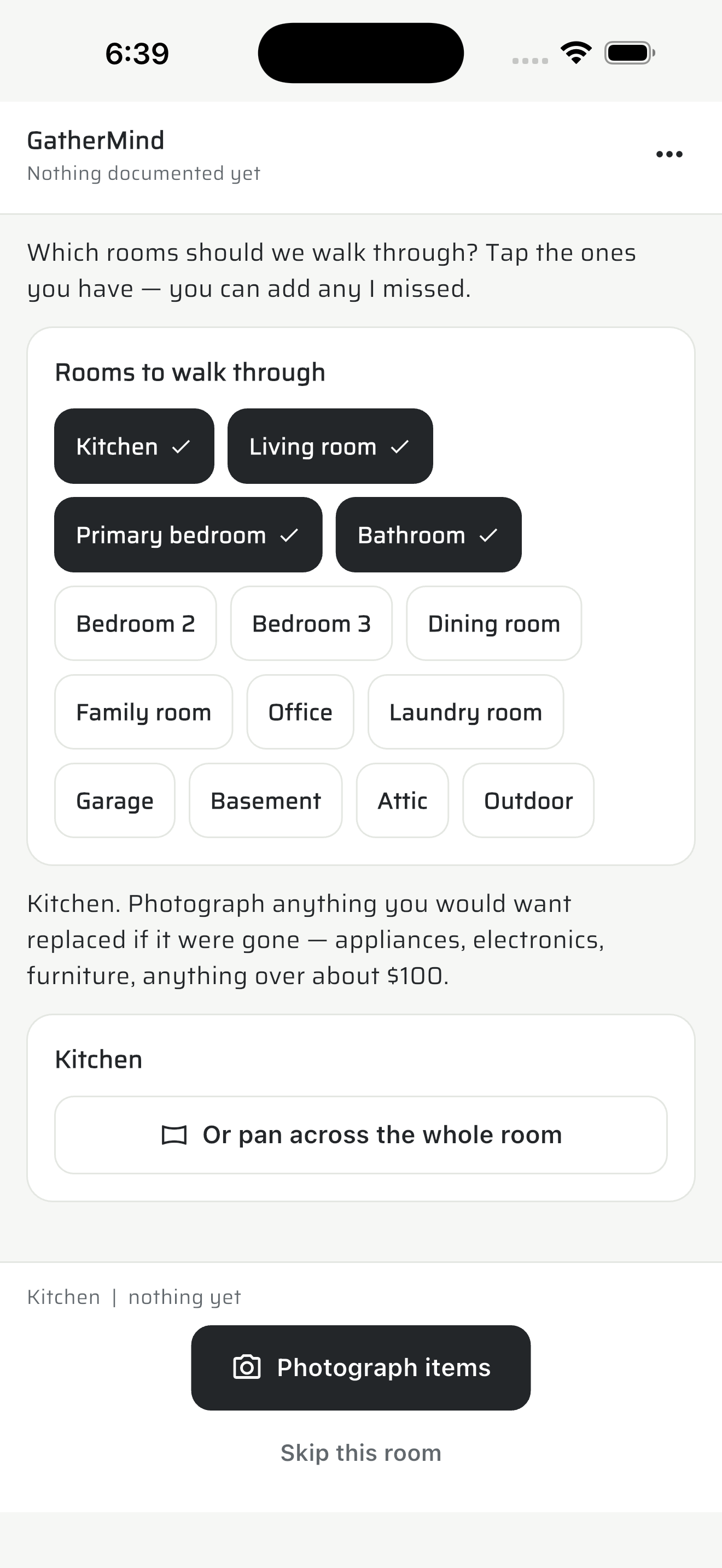 Walking the kitchen, with photograph items pinned to the bottom of the screen