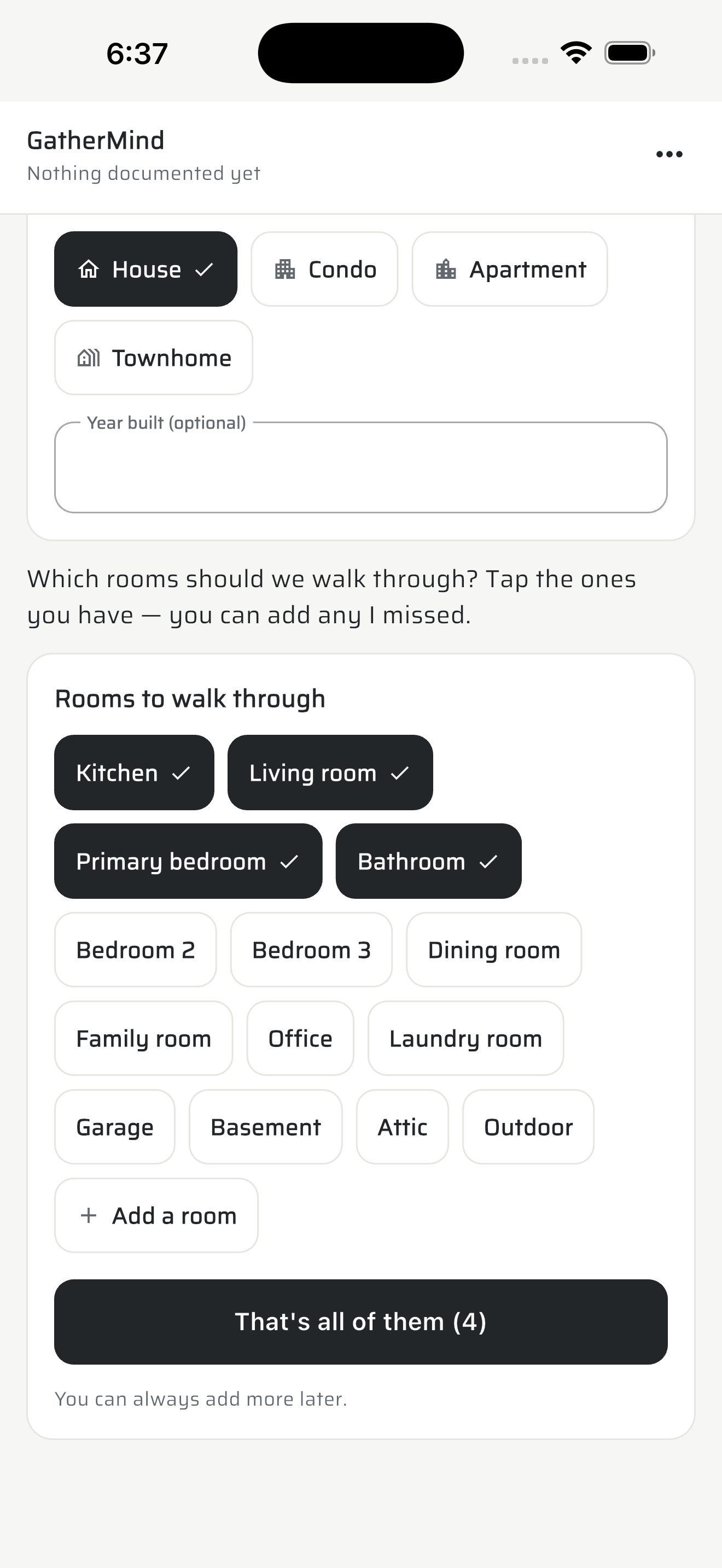 Room picker with kitchen, living room, primary bedroom and bathroom already ticked