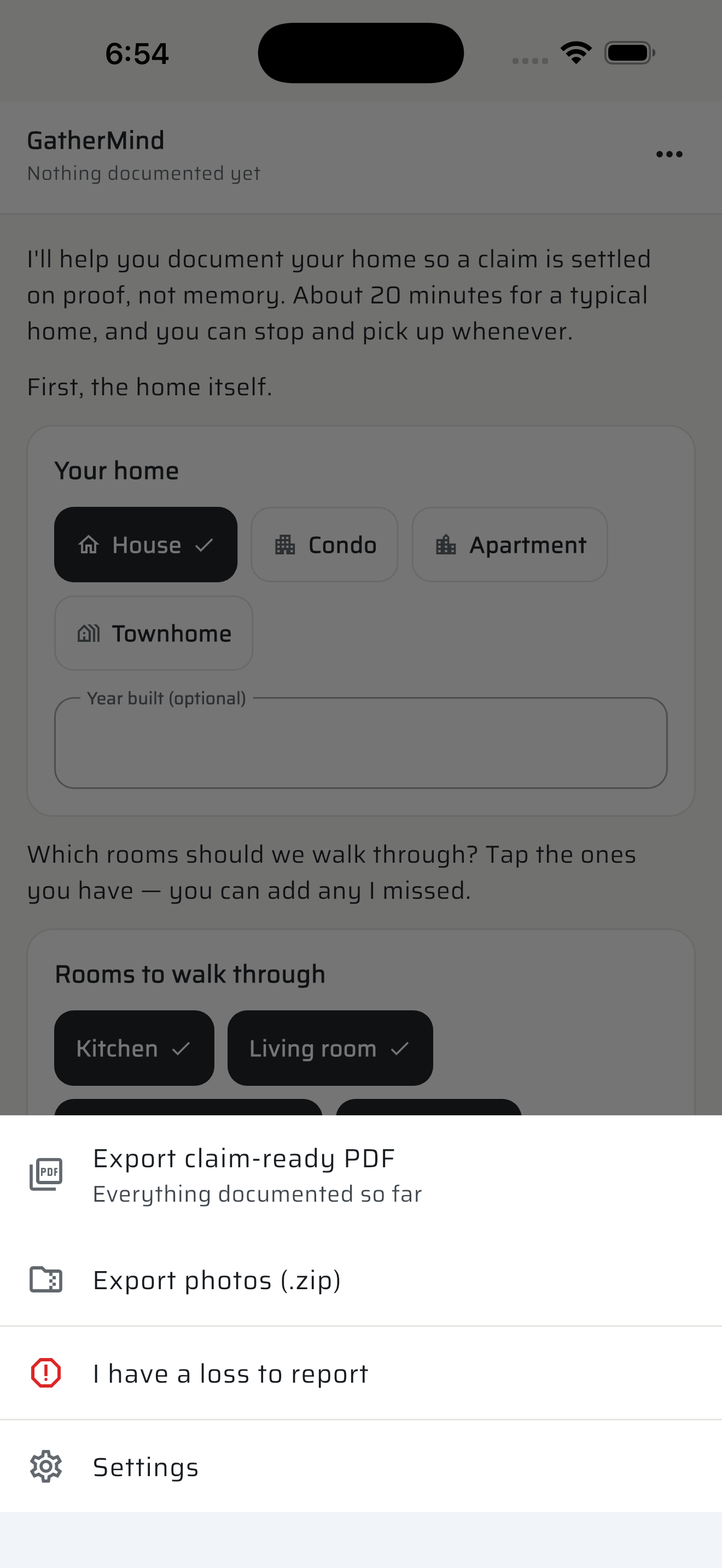 A menu offering a claim-ready PDF, a zip of every photo, and a way to report a loss
