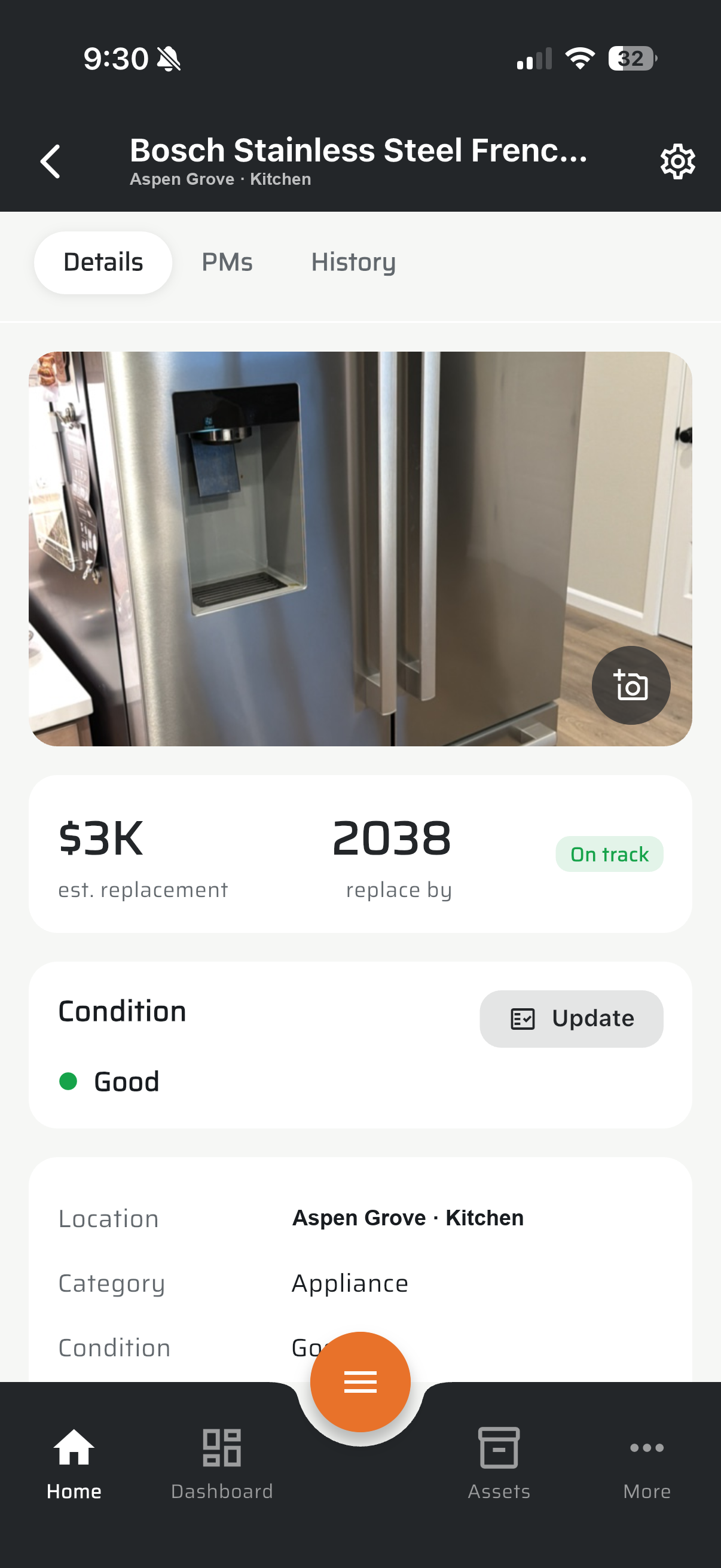 GatherMind asset detail screen for a refrigerator